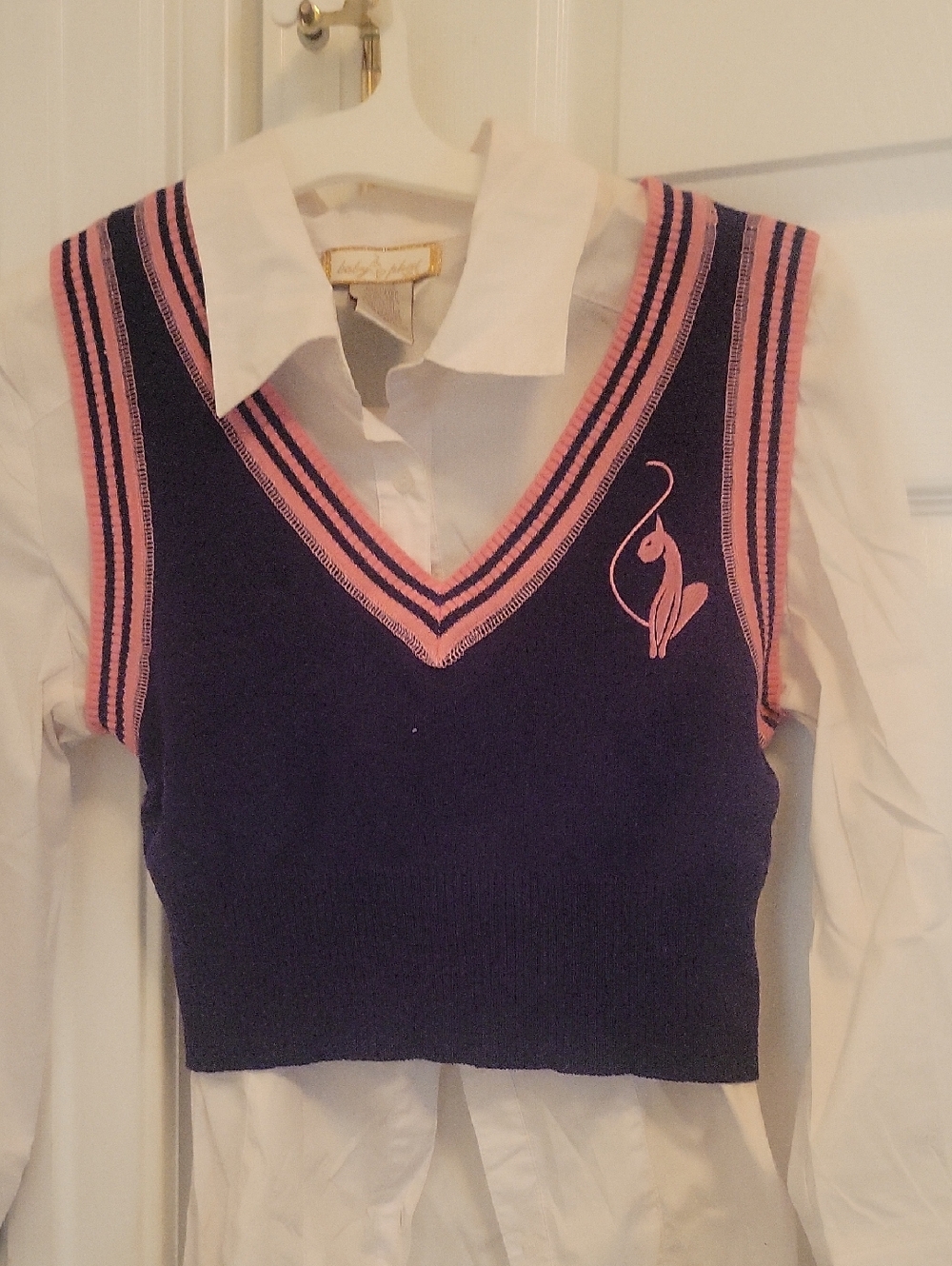 Baby Phat Navy and Pink Cropped V-Neck Sweater Vest